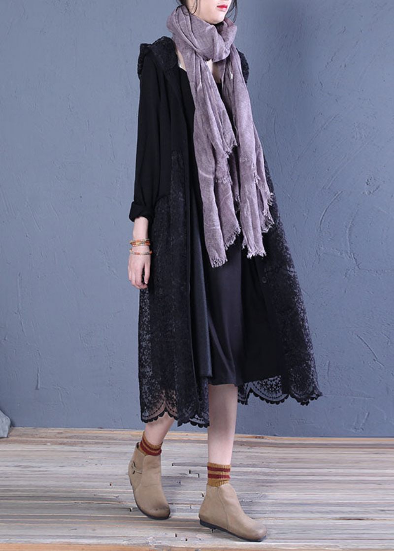 Boho Black Hooded Lace Patchwork Cardigans Spring