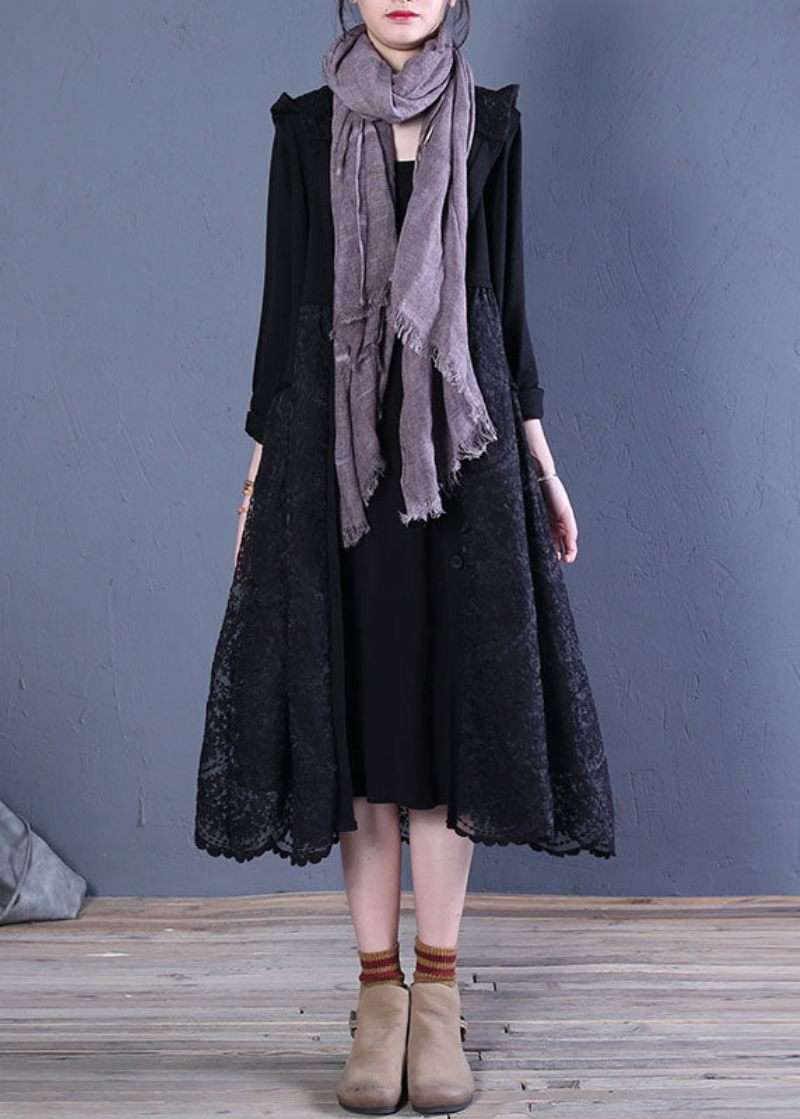 Boho Black Hooded Lace Patchwork Cardigans Spring - Svart