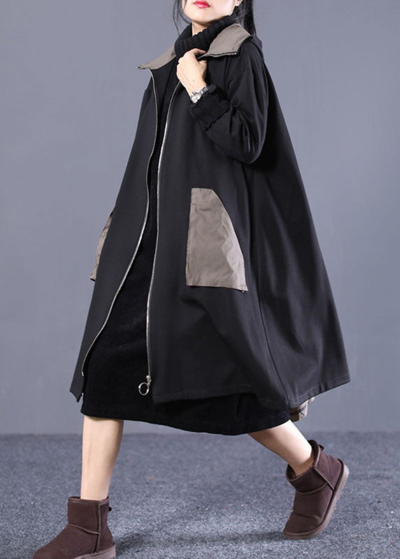 Boho Black Hooded Patchwork Cotton Coat Spring - Vinterkappor för kvinnor