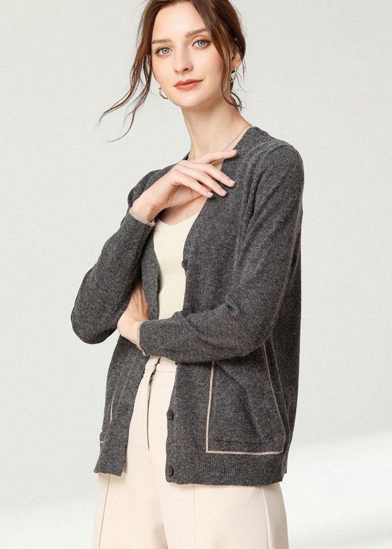 Boho Black Knit Button Långärmad Cardigan - Kaki