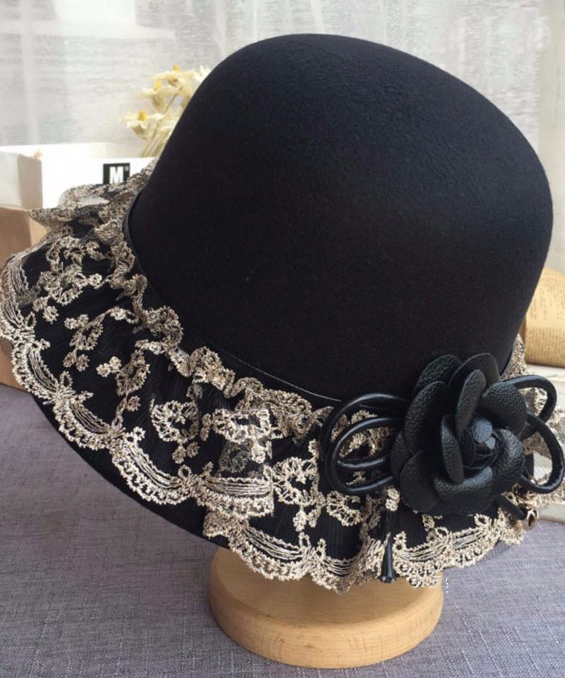 Boho Black Lace Patchwork Blommig Woolen Bucket Hat - Ullrockar för kvinnor