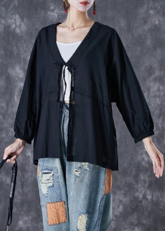 Boho Black Oversized Lace Up Linne Cardigan Fall