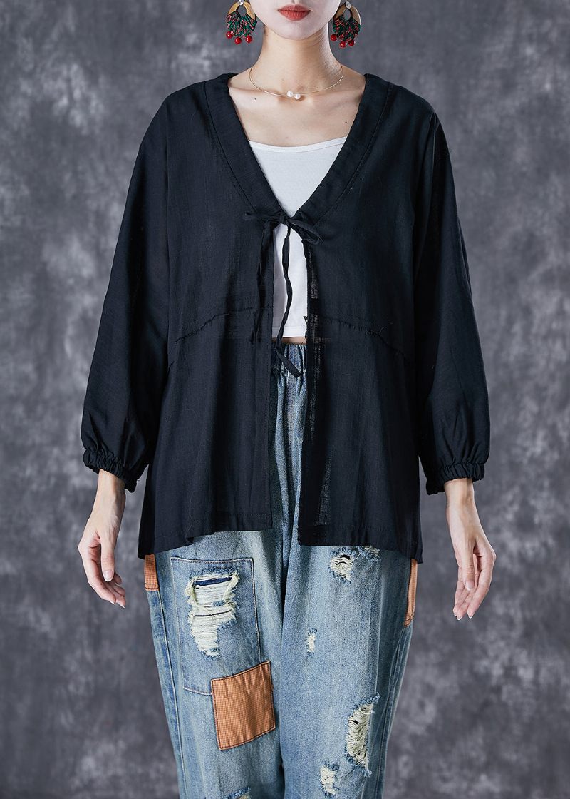 Boho Black Oversized Lace Up Linne Cardigan Fall - Koftor för kvinnor