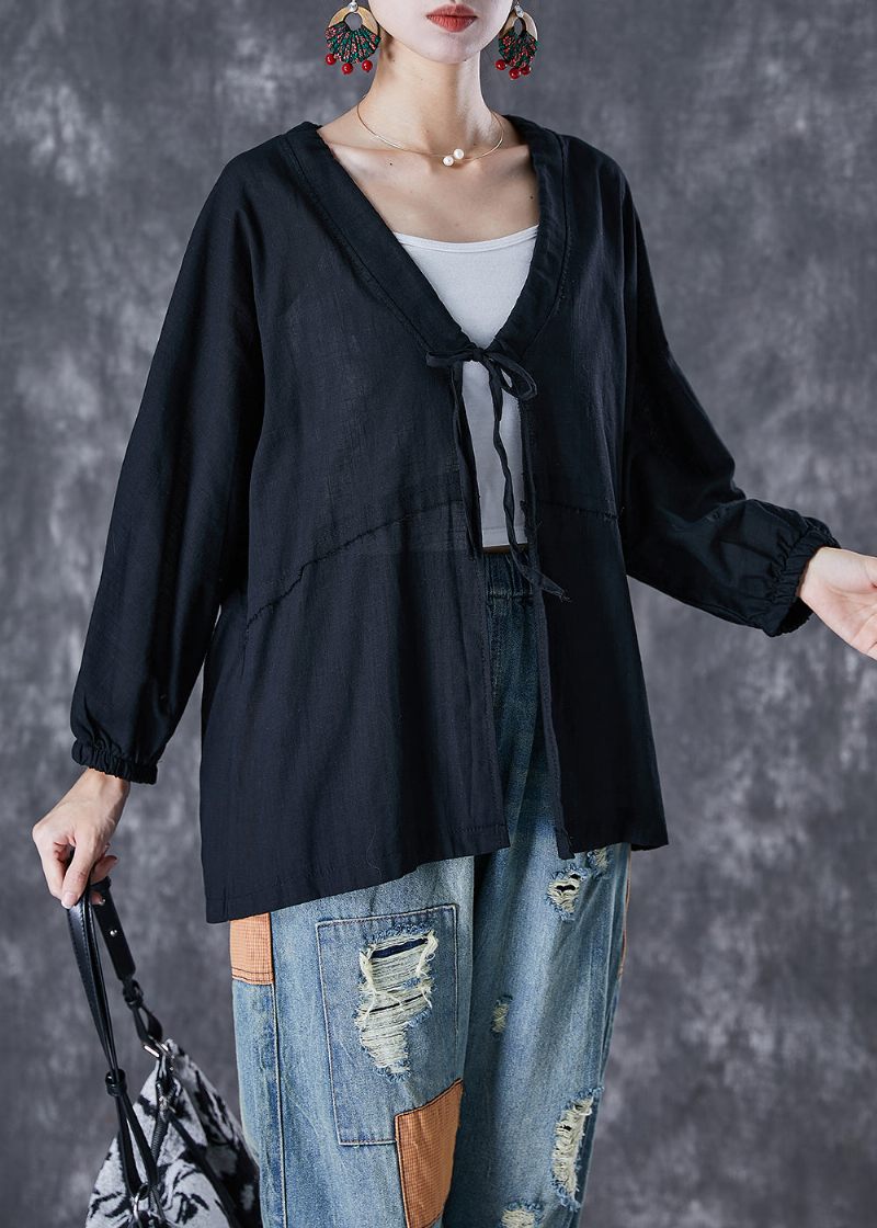 Boho Black Oversized Lace Up Linne Cardigan Fall - Koftor för kvinnor