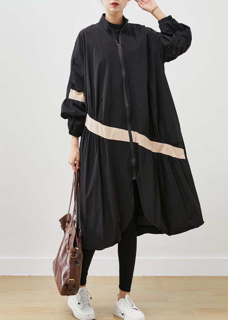 Boho Black Oversized Patchwork Trench Coats Spring - Trenchcoats för kvinnor