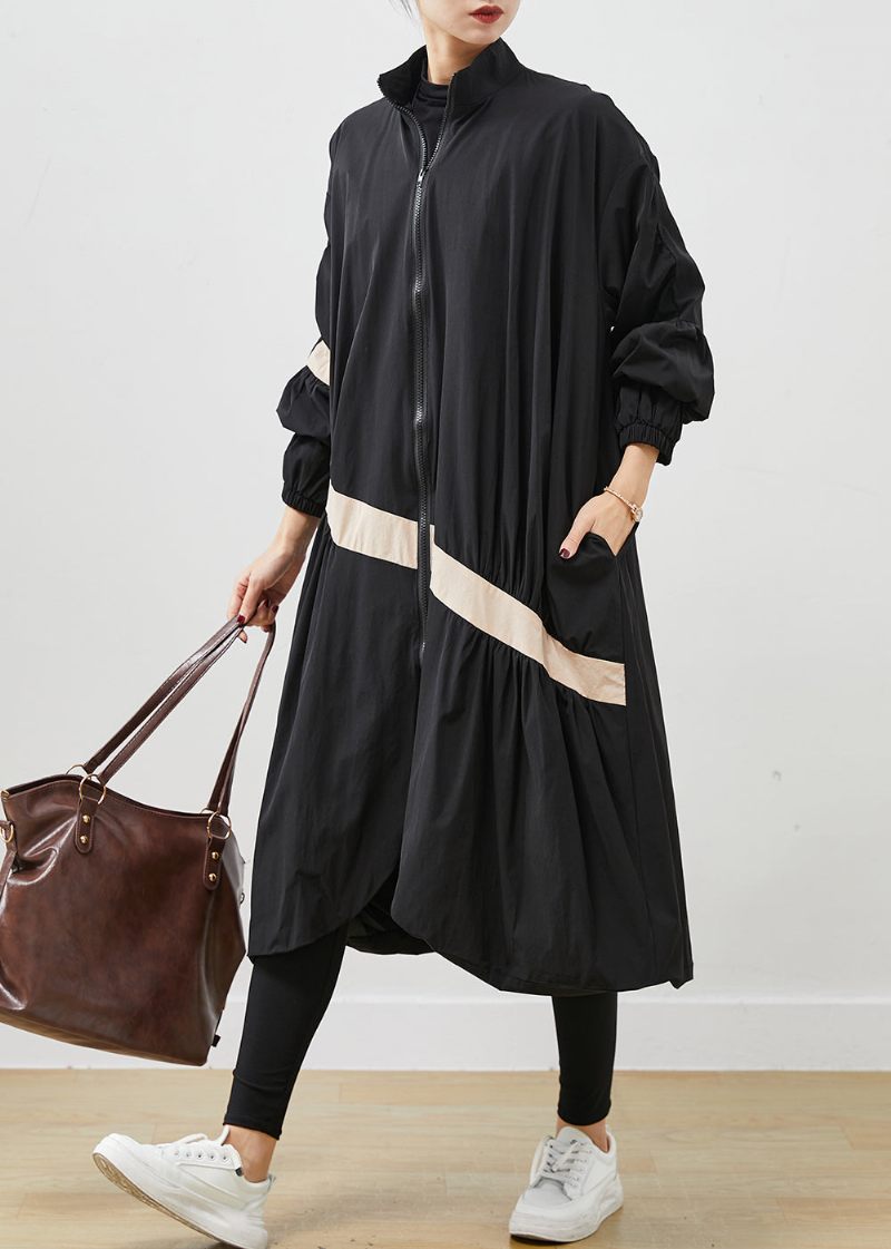 Boho Black Oversized Patchwork Trench Coats Spring - Trenchcoats för kvinnor