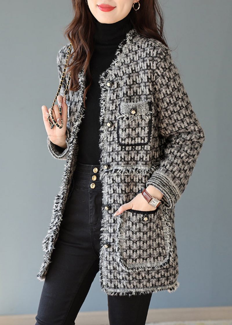 Boho Black Tofs Rutig Cotton Coats Spring - Vinterkappor för kvinnor