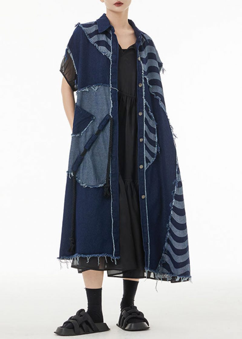 Boho Blue Asymmetrisk Patchwork Bomull Denim Långa Cardigans Ärmlösa - Koftor för kvinnor