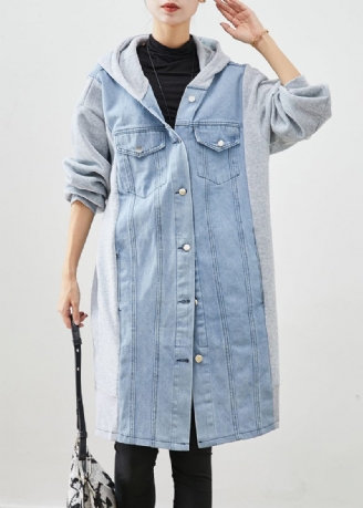 Boho Blue Hooded Denim Patchwork Cotton Trench Fall