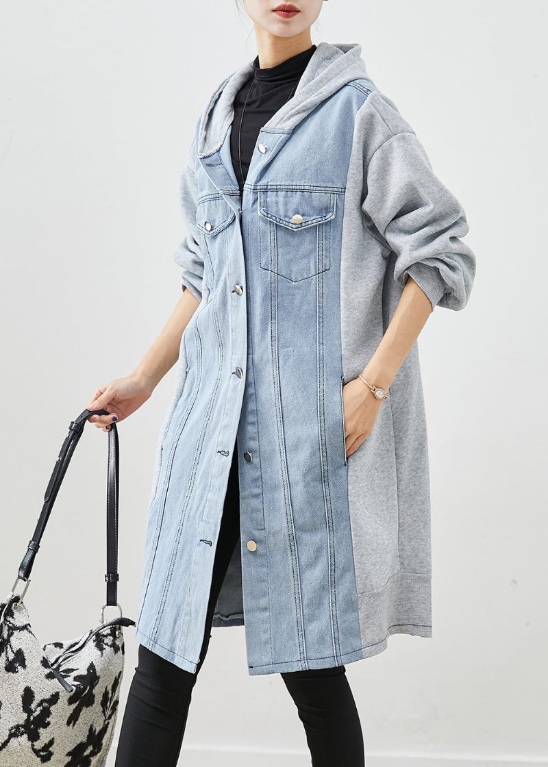 Boho Blue Hooded Denim Patchwork Cotton Trench Fall - Trenchcoats för kvinnor