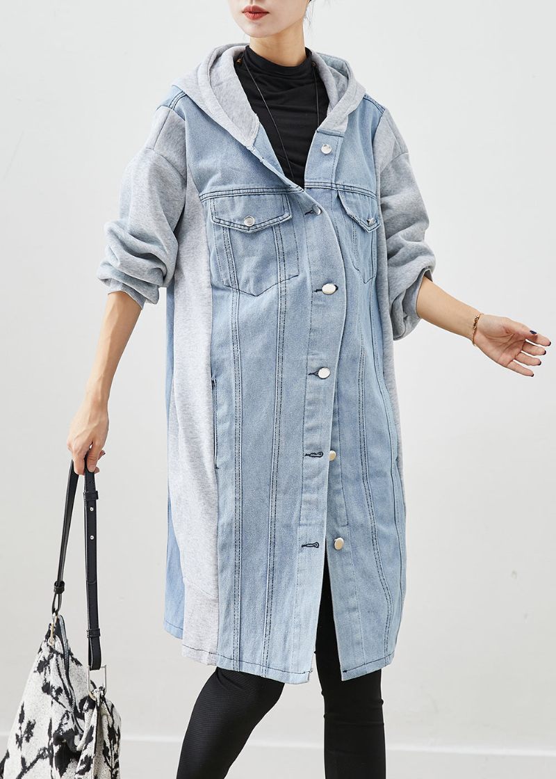 Boho Blue Hooded Denim Patchwork Cotton Trench Fall - Trenchcoats för kvinnor