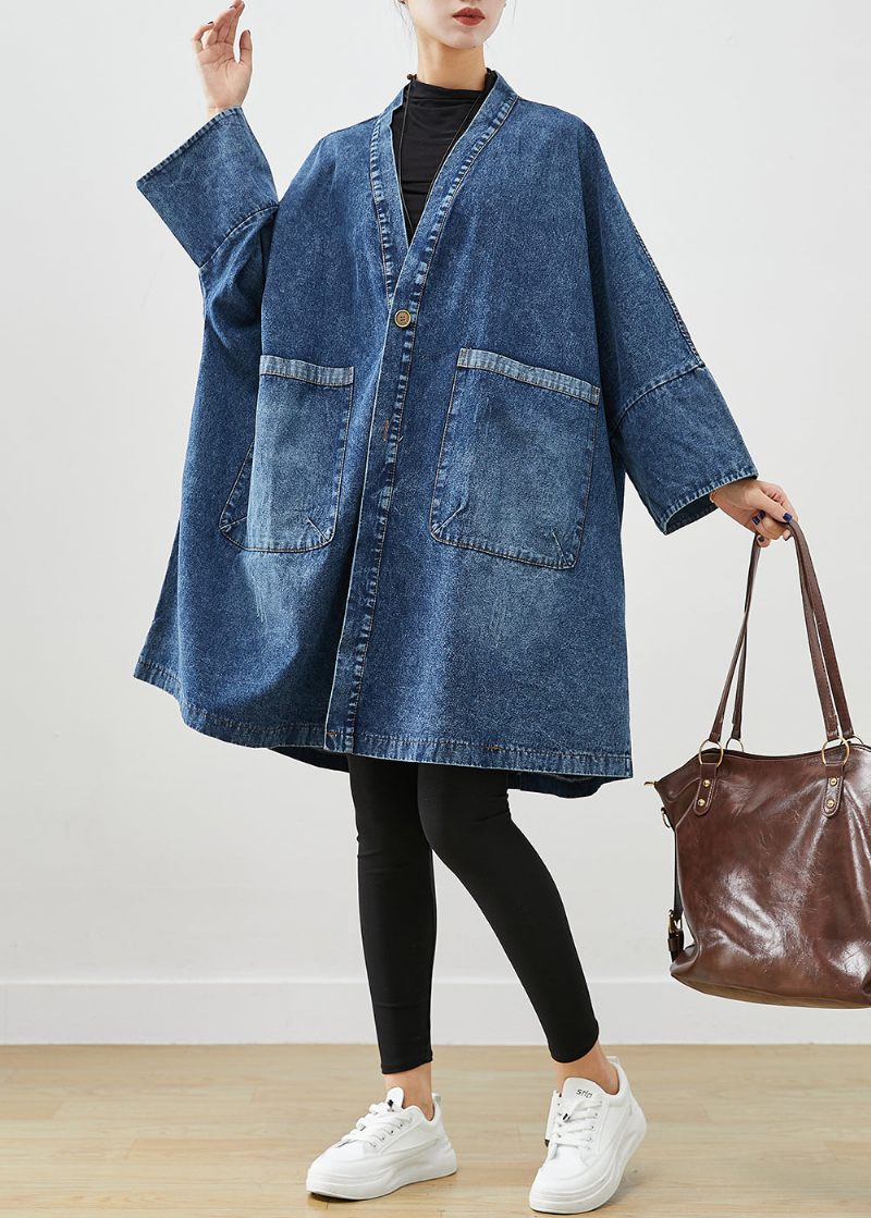 Boho Blue Oversized Fickor Denim Trench Coats Batwing Sleeve