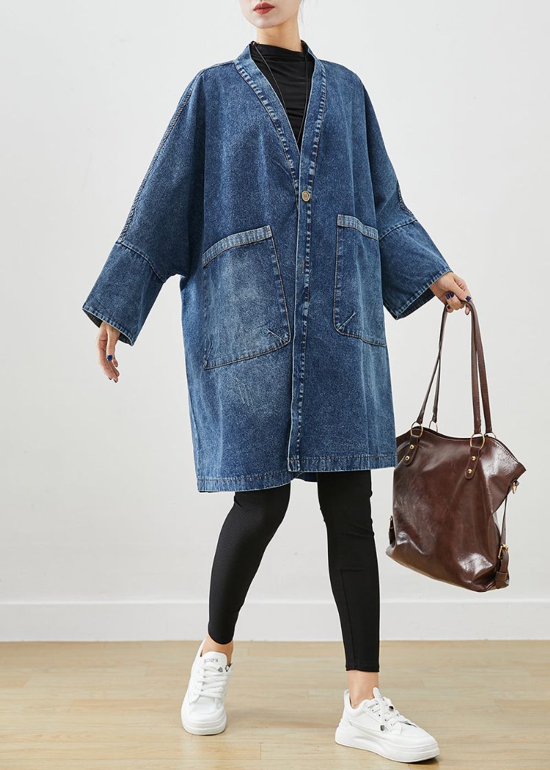 Boho Blue Oversized Fickor Denim Trench Coats Batwing Sleeve - Trenchcoats för kvinnor