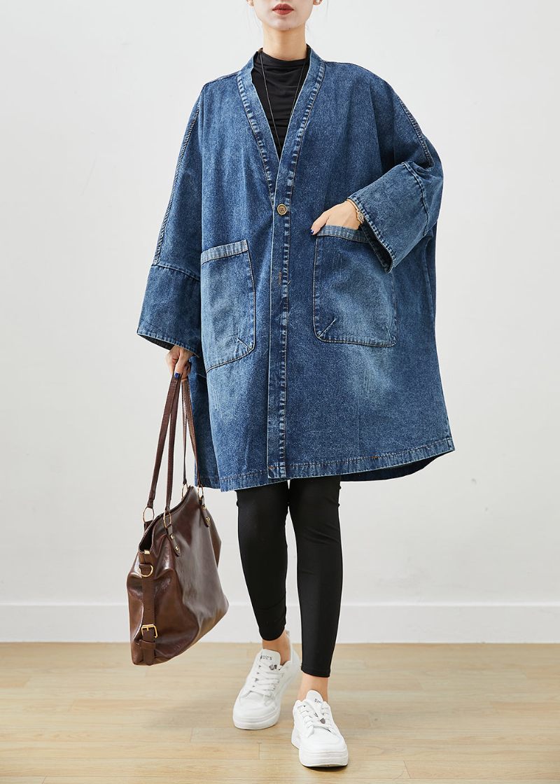 Boho Blue Oversized Fickor Denim Trench Coats Batwing Sleeve - Trenchcoats för kvinnor