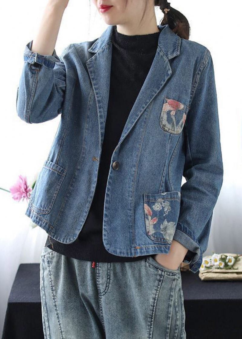 Boho Blue Peter Pan Krage Print Button Denim Coats Spring - Vinterkappor för kvinnor