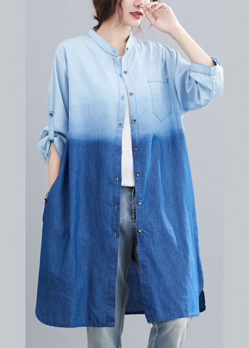 Boho Blue Pockets Button Gradient Färg Fall Denim Trench Långärmad