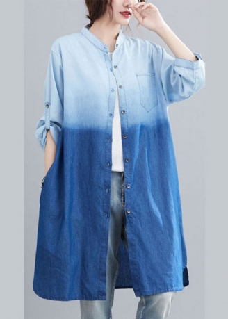 Boho Blue Pockets Button Gradient Färg Fall Denim Trench Långärmad