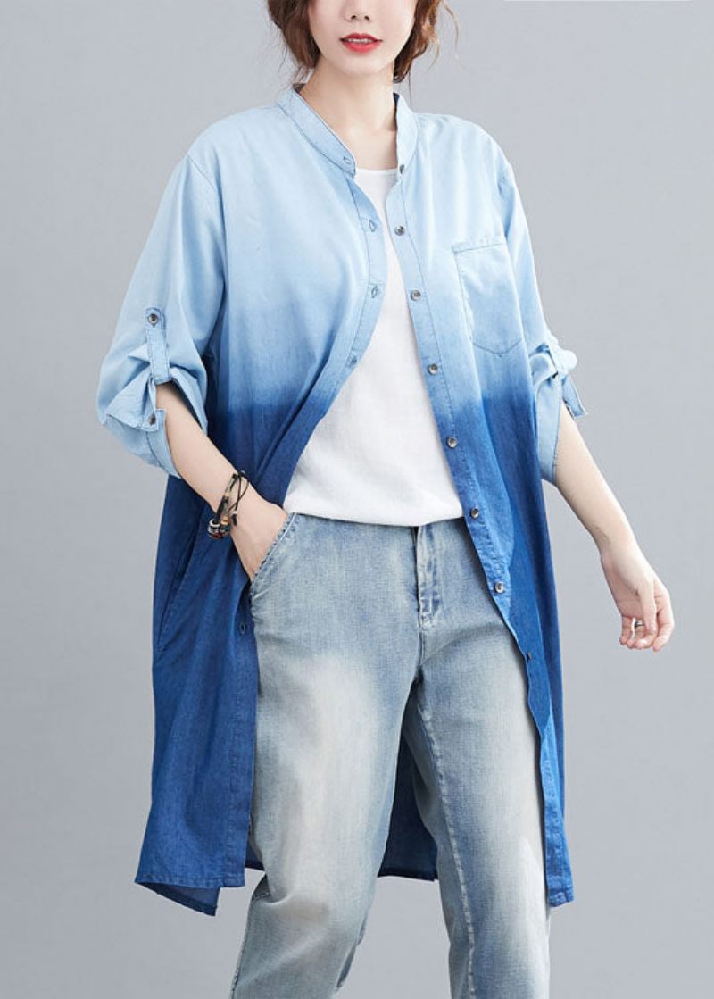 Boho Blue Pockets Button Gradient Färg Fall Denim Trench Långärmad - Vinterkappor för kvinnor