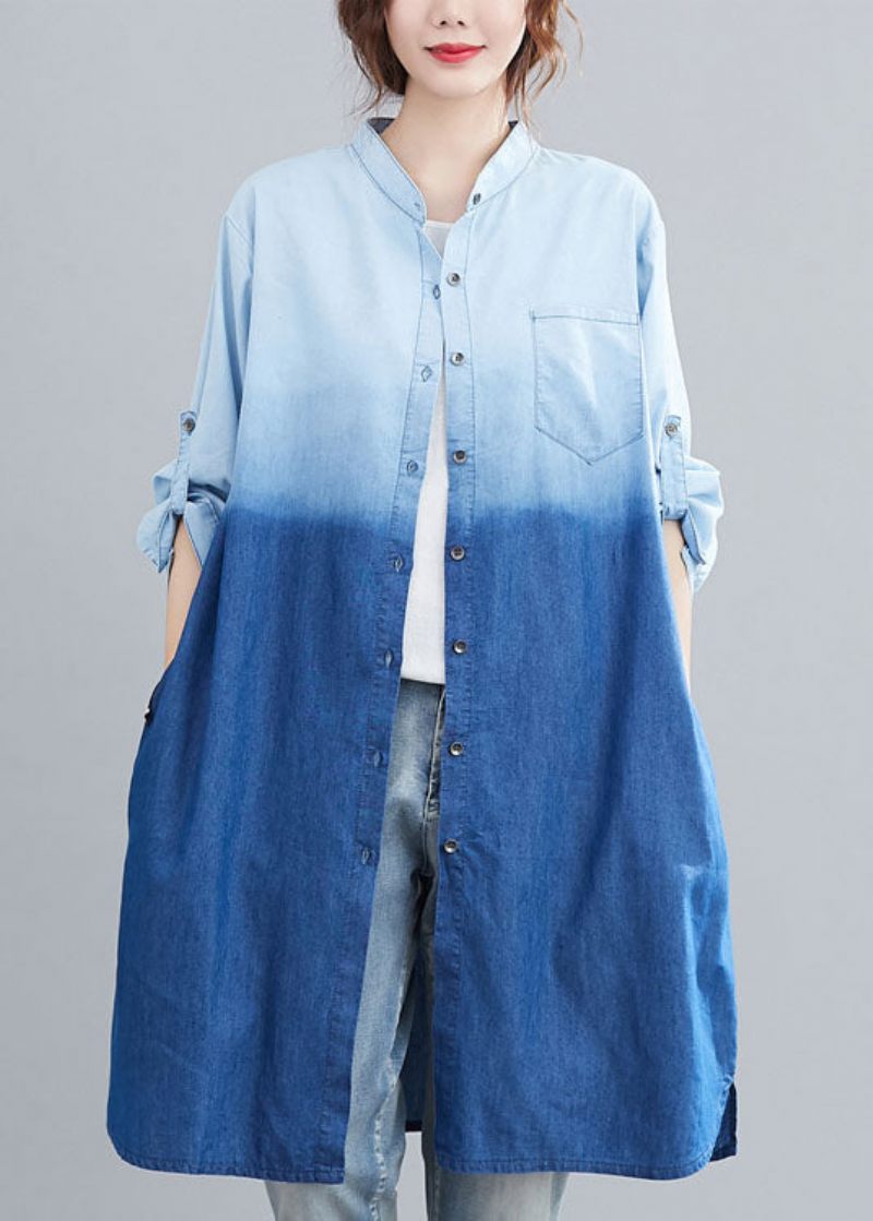 Boho Blue Pockets Button Gradient Färg Fall Denim Trench Långärmad - Vinterkappor för kvinnor