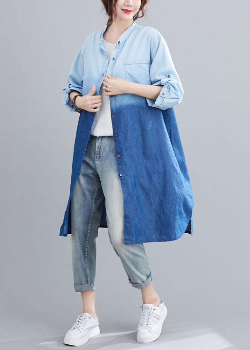 Boho Blue Pockets Button Gradient Färg Fall Denim Trench Långärmad - Vinterkappor för kvinnor