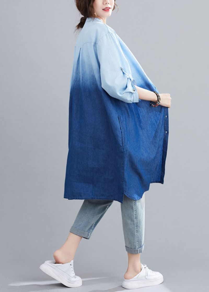 Boho Blue Pockets Button Gradient Färg Fall Denim Trench Långärmad - Vinterkappor för kvinnor