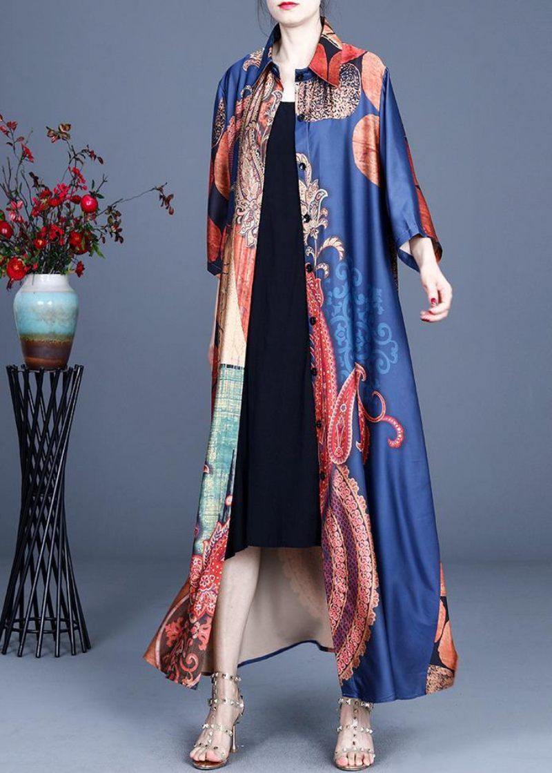 Boho Blue Print Summer Silk Cardigan Long