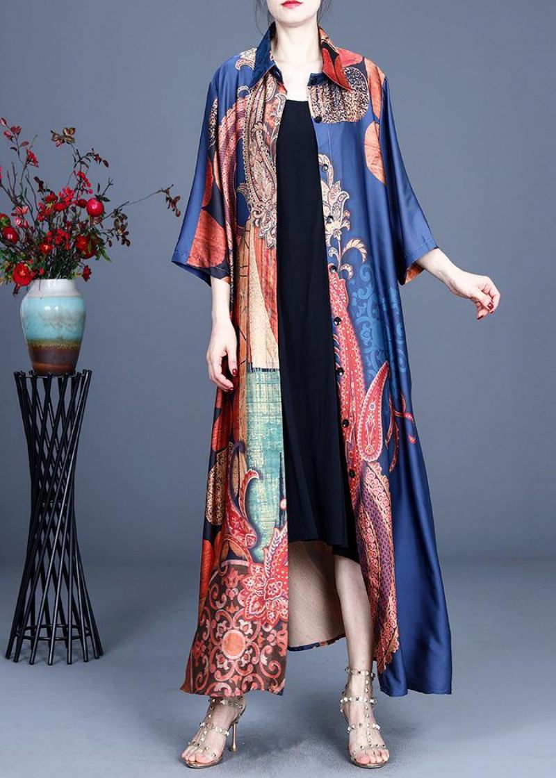 Boho Blue Print Summer Silk Cardigan Long - Svart