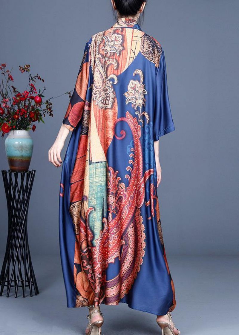 Boho Blue Print Summer Silk Cardigan Long - Svart