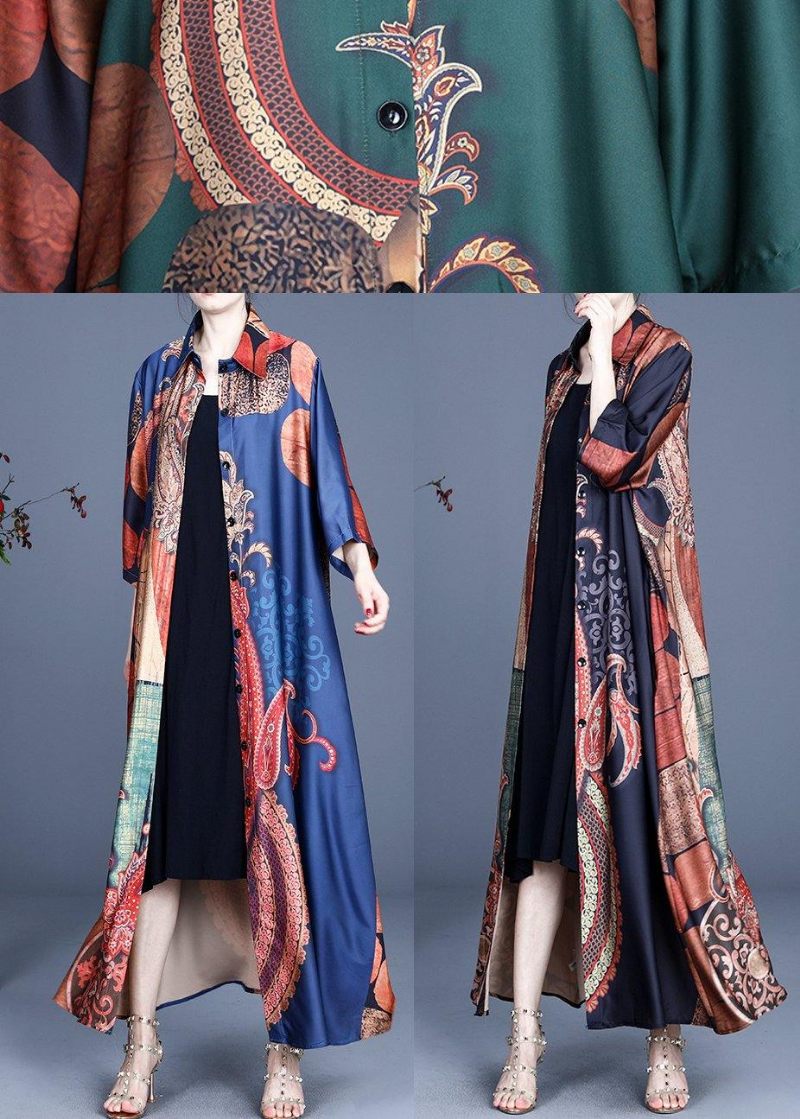 Boho Blue Print Summer Silk Cardigan Long - Svart