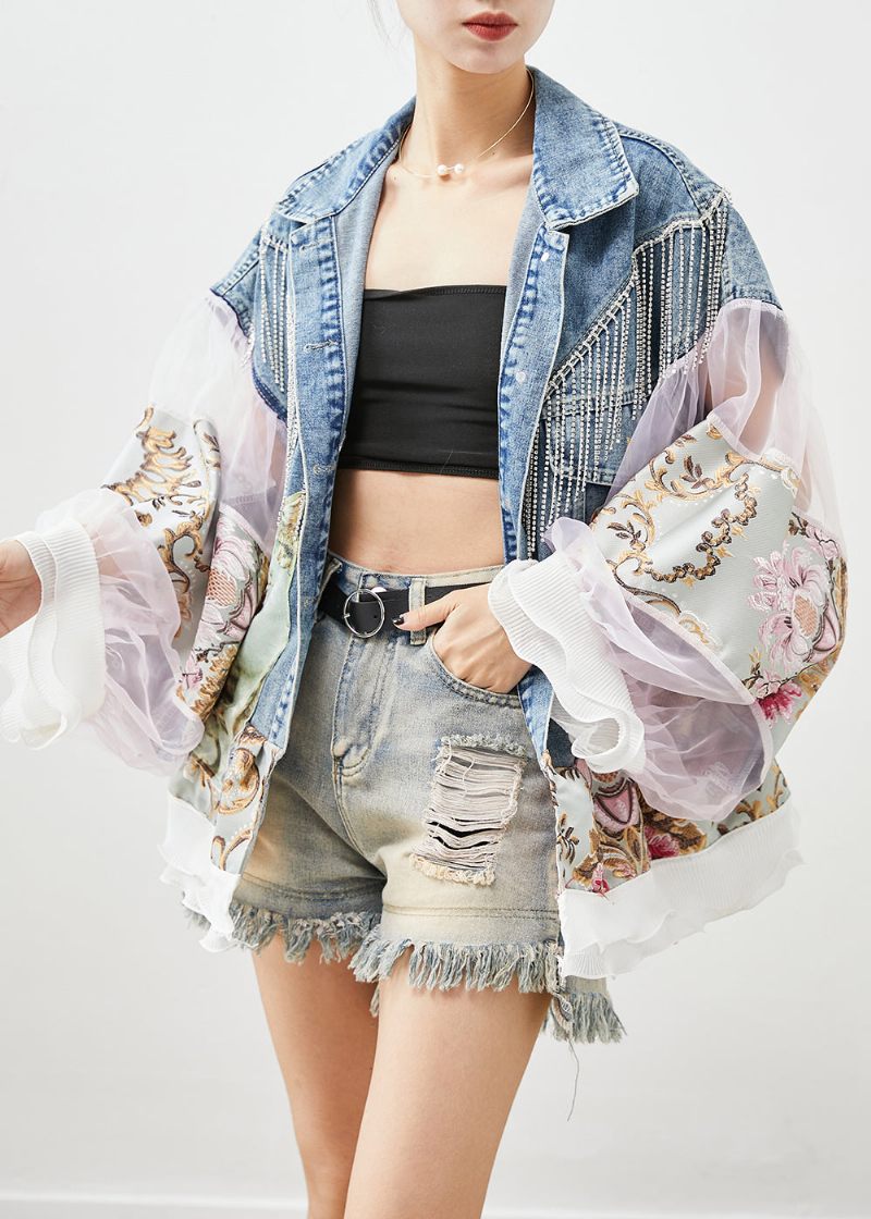 Boho Blue Tofs Patchwork Tyll Denim Coat Lantern Sleeve