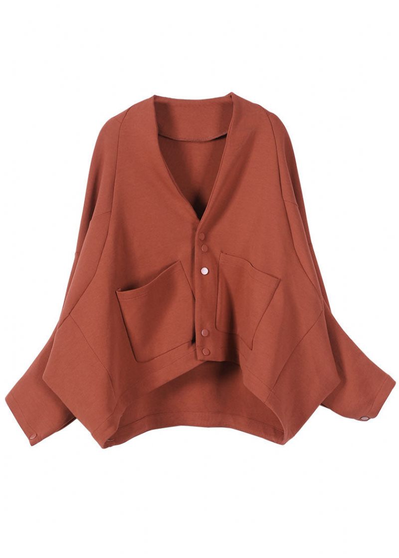 Boho Brick Red Bat Wing Sleeve Fickor Button Fall Top - Vinterkappor för kvinnor