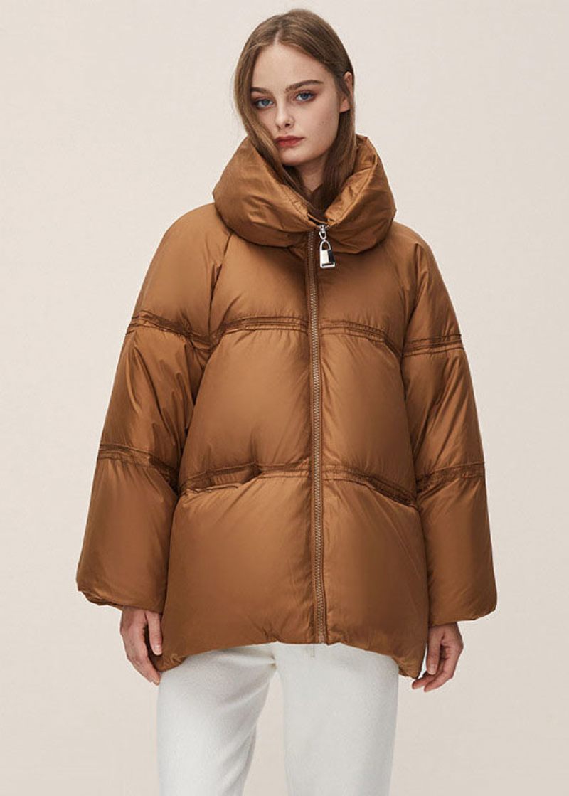 Boho Brown Stativ Krage Dragkedja Tjock Duck Dun Puffer Jacka Vinter