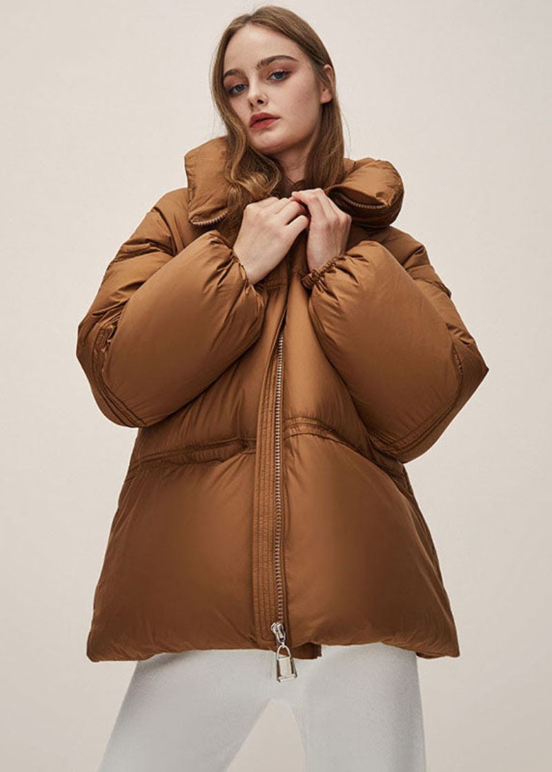 Boho Brown Stativ Krage Dragkedja Tjock Duck Dun Puffer Jacka Vinter - Dunjackor för kvinnor