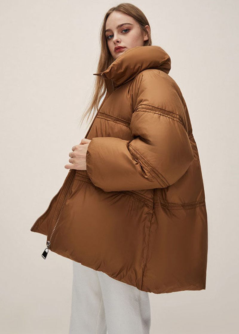 Boho Brown Stativ Krage Dragkedja Tjock Duck Dun Puffer Jacka Vinter - Dunjackor för kvinnor