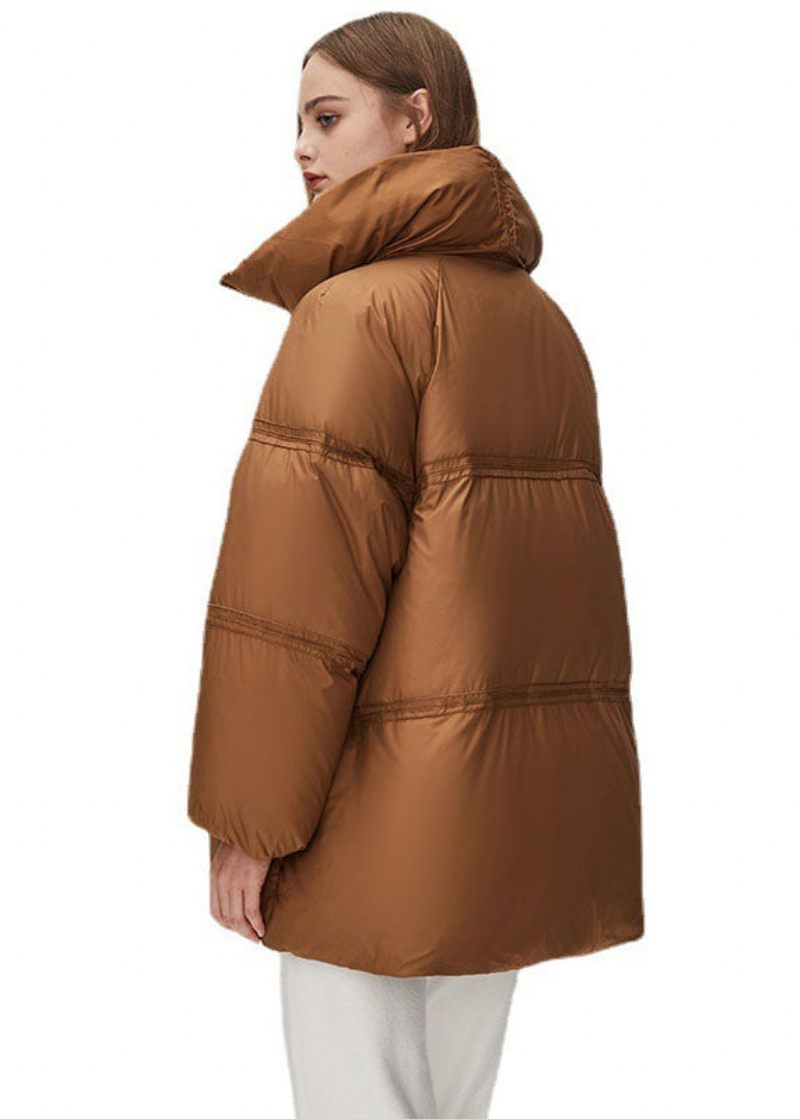 Boho Brown Stativ Krage Dragkedja Tjock Duck Dun Puffer Jacka Vinter - Dunjackor för kvinnor