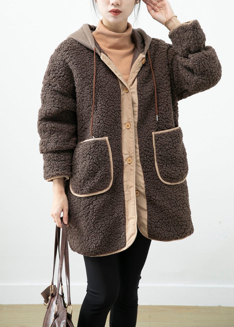 Boho Choklad Hooded Patchwork Fickor Teddy Faux Fur Coats Vinter - Vinterkappor för kvinnor