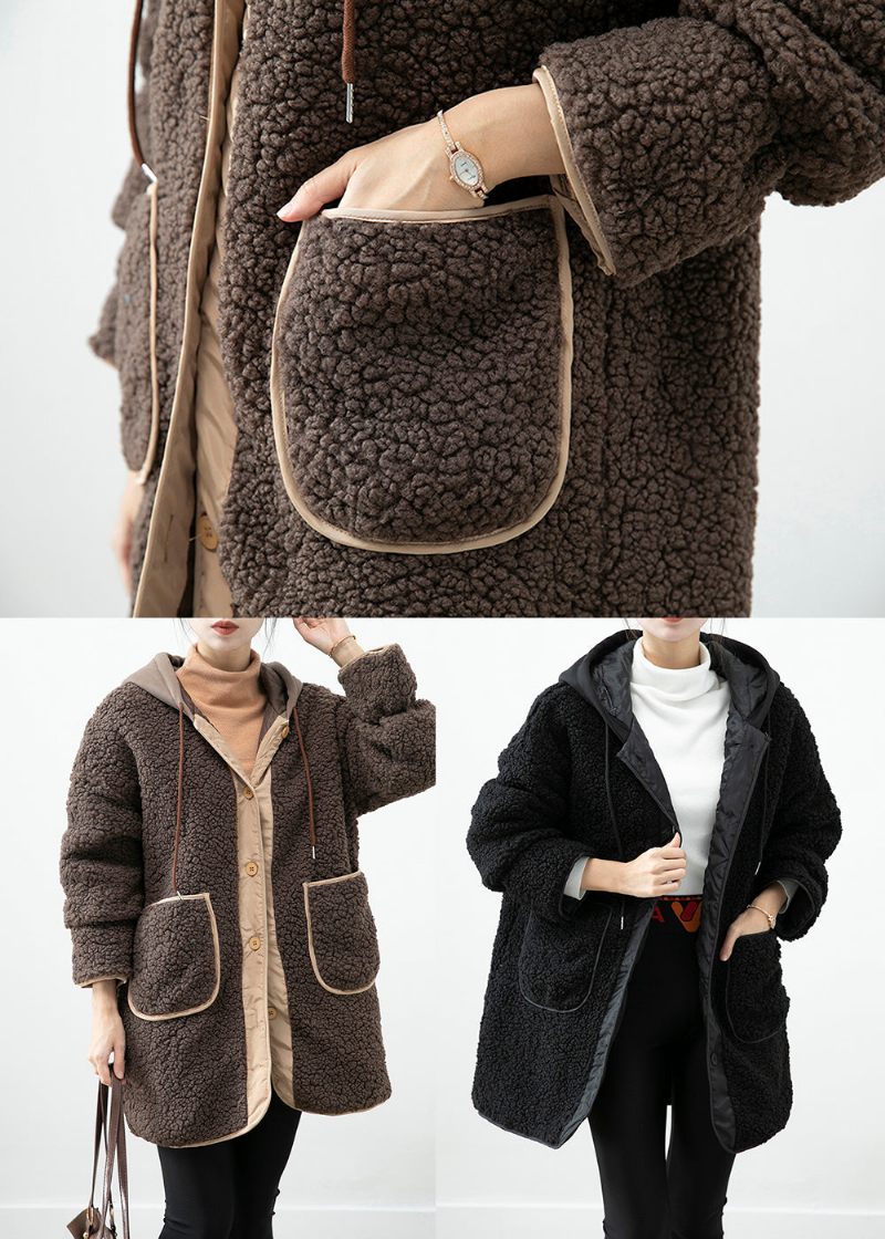 Boho Choklad Hooded Patchwork Fickor Teddy Faux Fur Coats Vinter - Vinterkappor för kvinnor