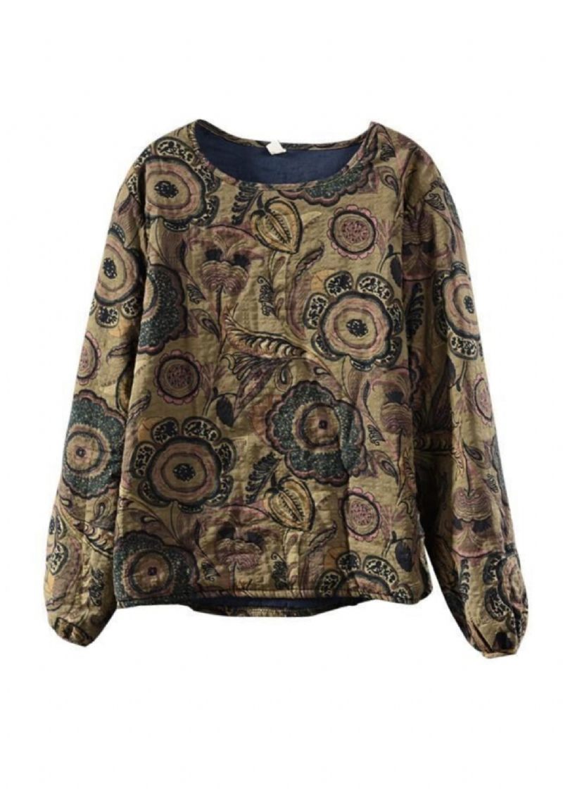 Boho Coffee O Neck Print Fin Bomullsfylld Pullover Sweatshirt Spring - Dunjackor för kvinnor