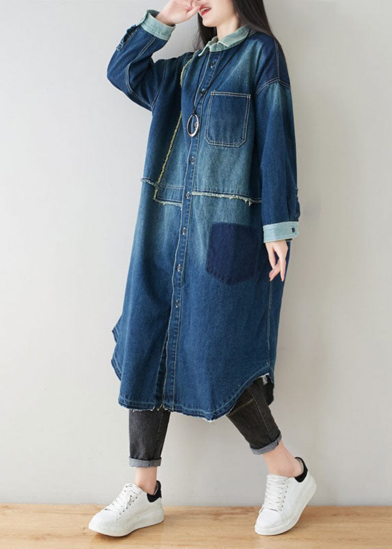 Boho Denim Blå Peter Pan Krage Patchwork Överdimensionerad Bomullsrenchfjäder