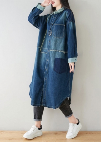 Boho Denim Blå Peter Pan Krage Patchwork Överdimensionerad Bomullsrenchfjäder