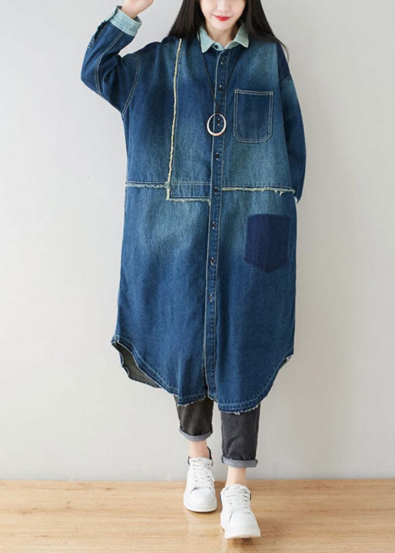 Boho Denim Blå Peter Pan Krage Patchwork Överdimensionerad Bomullsrenchfjäder - Trenchcoats för kvinnor