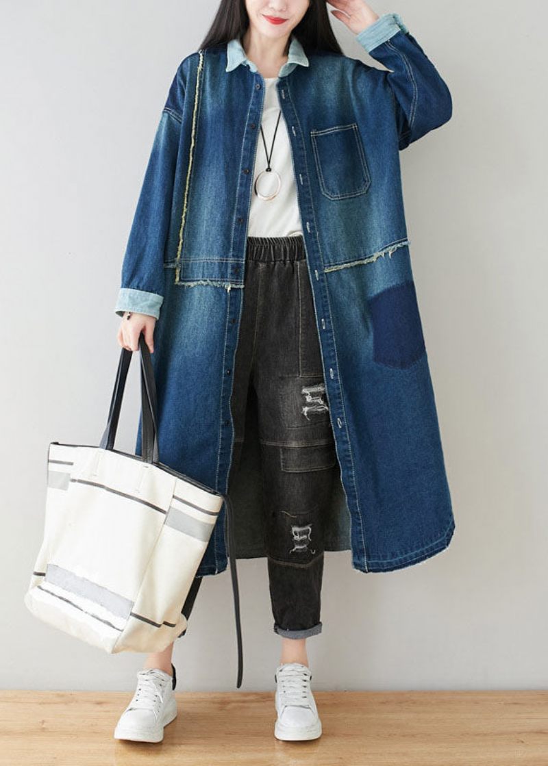 Boho Denim Blå Peter Pan Krage Patchwork Överdimensionerad Bomullsrenchfjäder - Trenchcoats för kvinnor