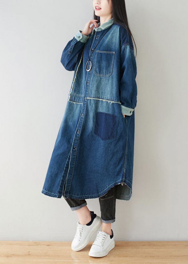 Boho Denim Blå Peter Pan Krage Patchwork Överdimensionerad Bomullsrenchfjäder - Trenchcoats för kvinnor