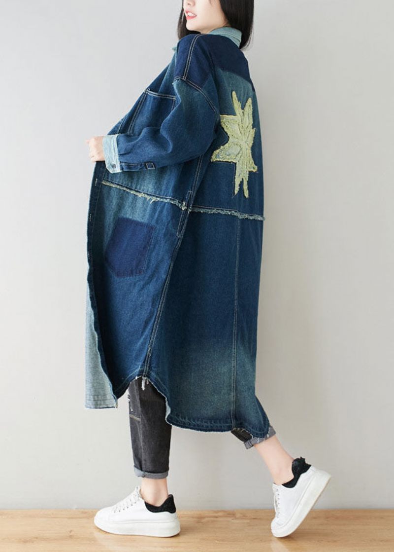 Boho Denim Blå Peter Pan Krage Patchwork Överdimensionerad Bomullsrenchfjäder - Trenchcoats för kvinnor