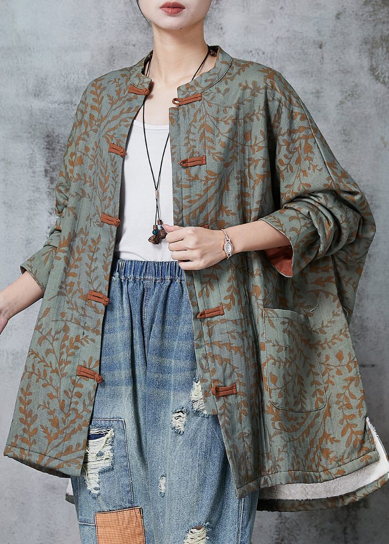 Boho Green Oversized Print Cotton Oriental Coat Spring