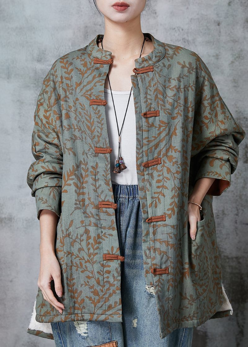 Boho Green Oversized Print Cotton Oriental Coat Spring - Vinterkappor för kvinnor