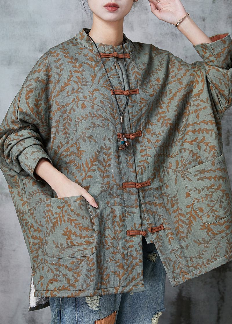 Boho Green Oversized Print Cotton Oriental Coat Spring - Vinterkappor för kvinnor