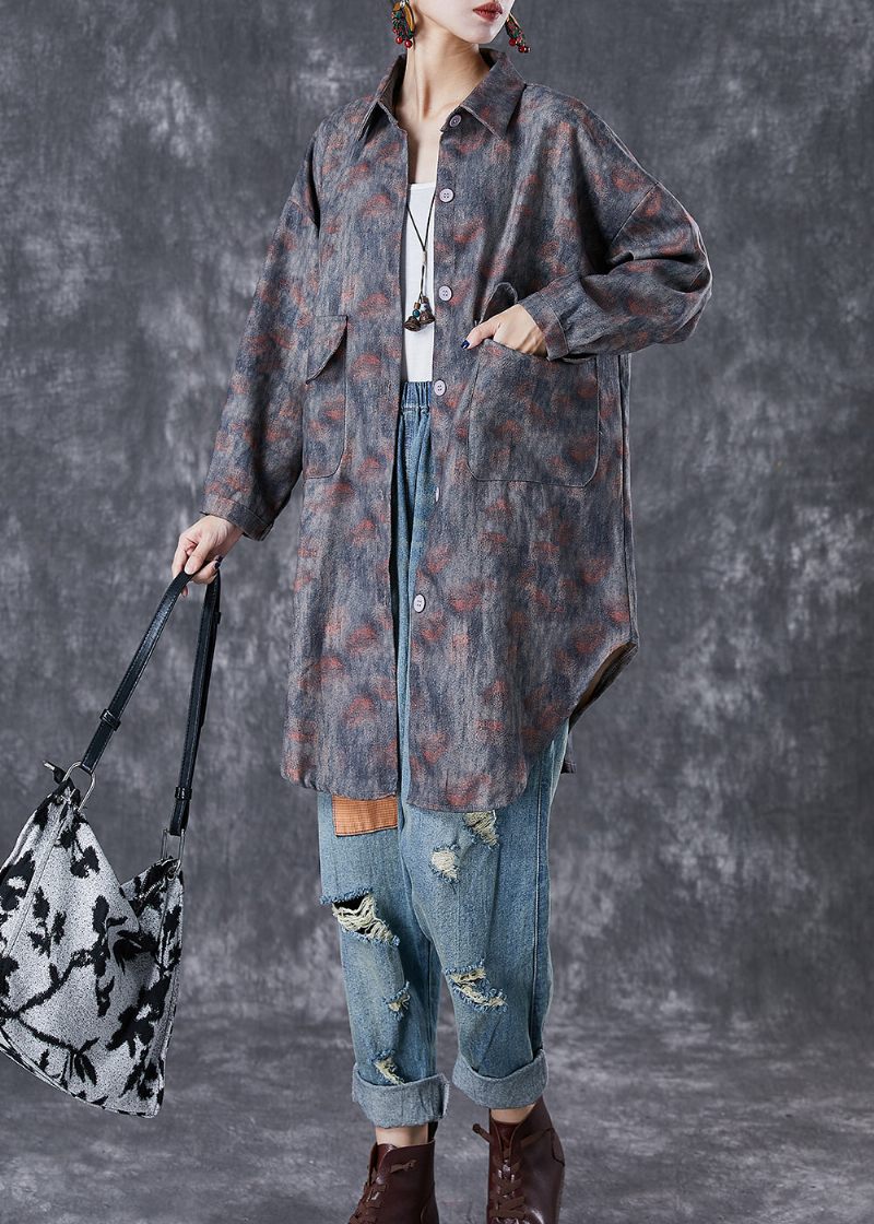 Boho Grey Oversized Tie Dye Fickor Bomullsjackor Höst - Trenchcoats för kvinnor