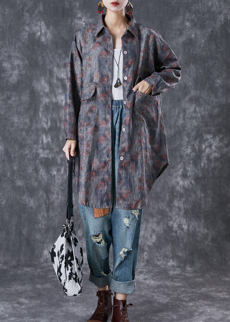 Boho Grey Oversized Tie Dye Fickor Bomullsjackor Höst - Trenchcoats för kvinnor