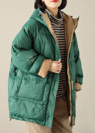 Boho Grön Dragkedja Graphic Loose Winter Duck Down Puffer